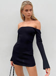 front view of model wearing Princess Polly Parisa Long Sleeve Mini Dress Black Tall Straight Neck 