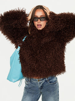 Kaiero Oversized Faux Fur Shag Jacket Brown
