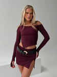 Burgundy Two piece set Long sleeve crop top, cold shoulder design, split hem Low rise mini skirt, leg slit
