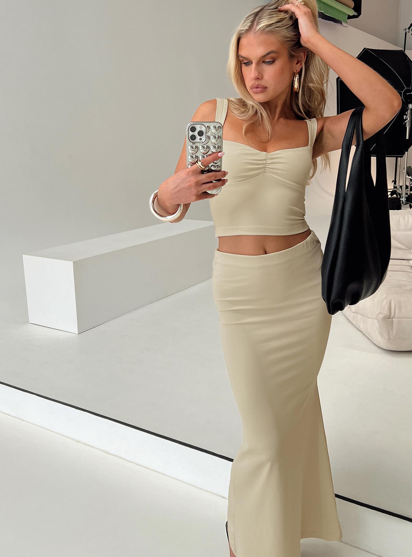 Beige Matching set Fixed straps, pinched bust, elasticated waistband, high split in hem at back