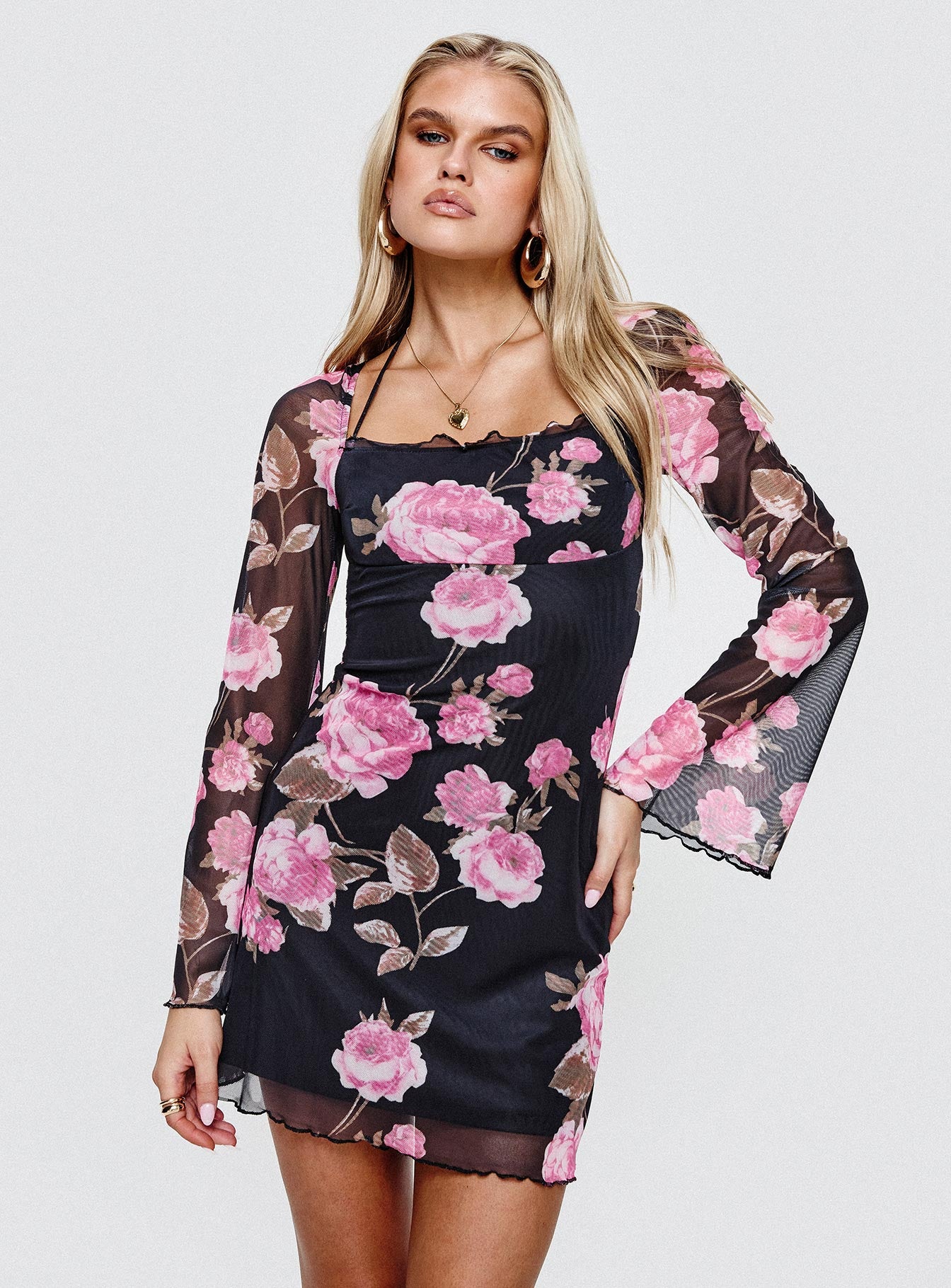 Bilbao long sleeve mini dress black / floral