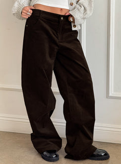 side view of model wearing Princess Polly Kenza Wide Leg Corduroy Pant Brown Mid Rise Pants 