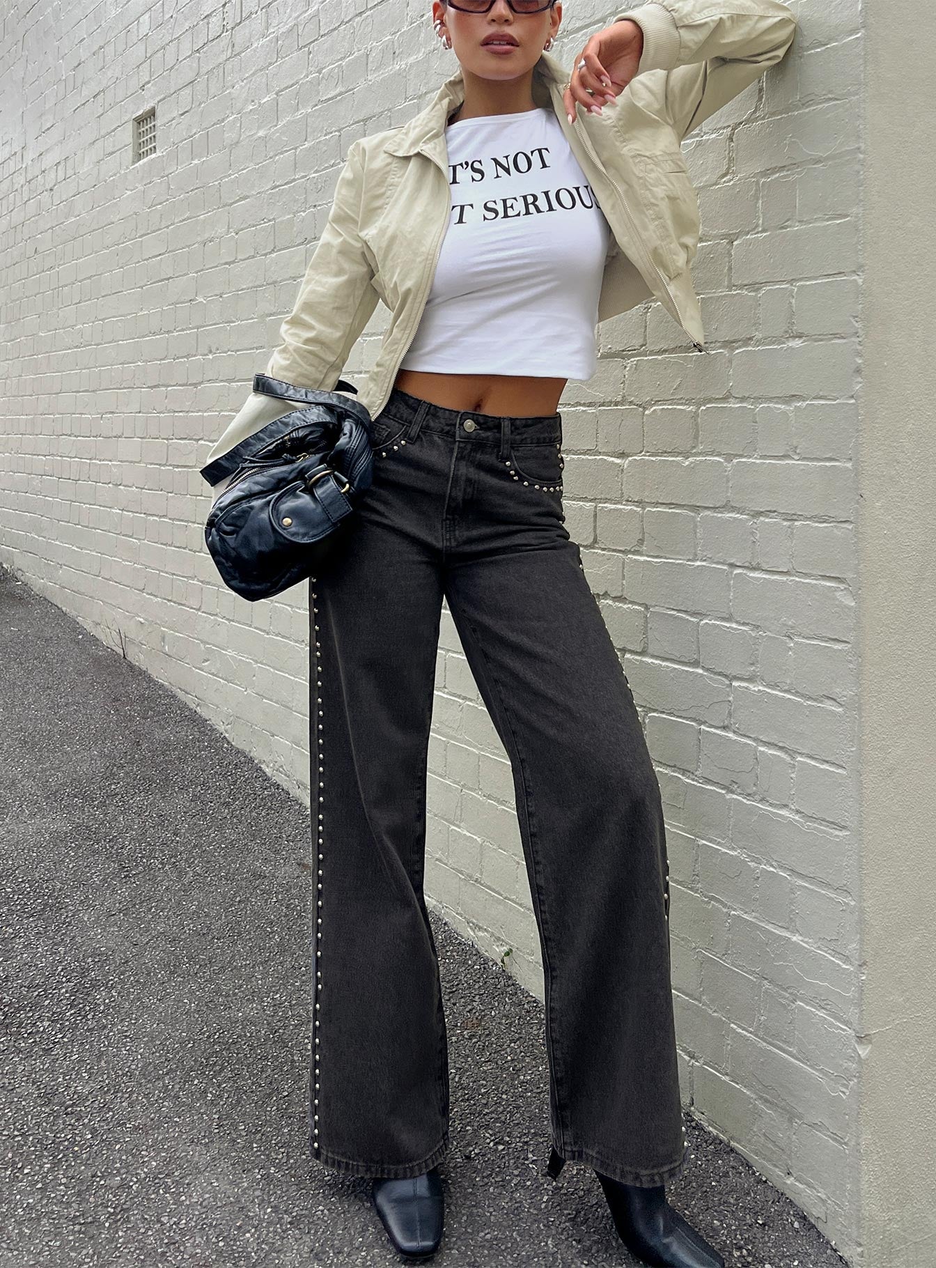 Saving Up Mid Rise Straight Leg Studded Jeans Jet Black