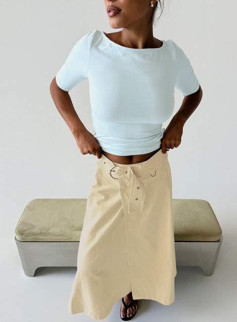 Showcasing the True Visions Belted Maxi Skirt Sand in womens-skirts with maxi length front view of model wearing Princess Polly