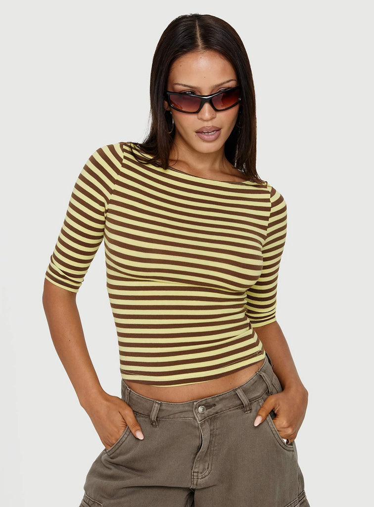 Darling Days 3/4 Sleeve Top Chocolate / Yellow Stripe | Princess Polly