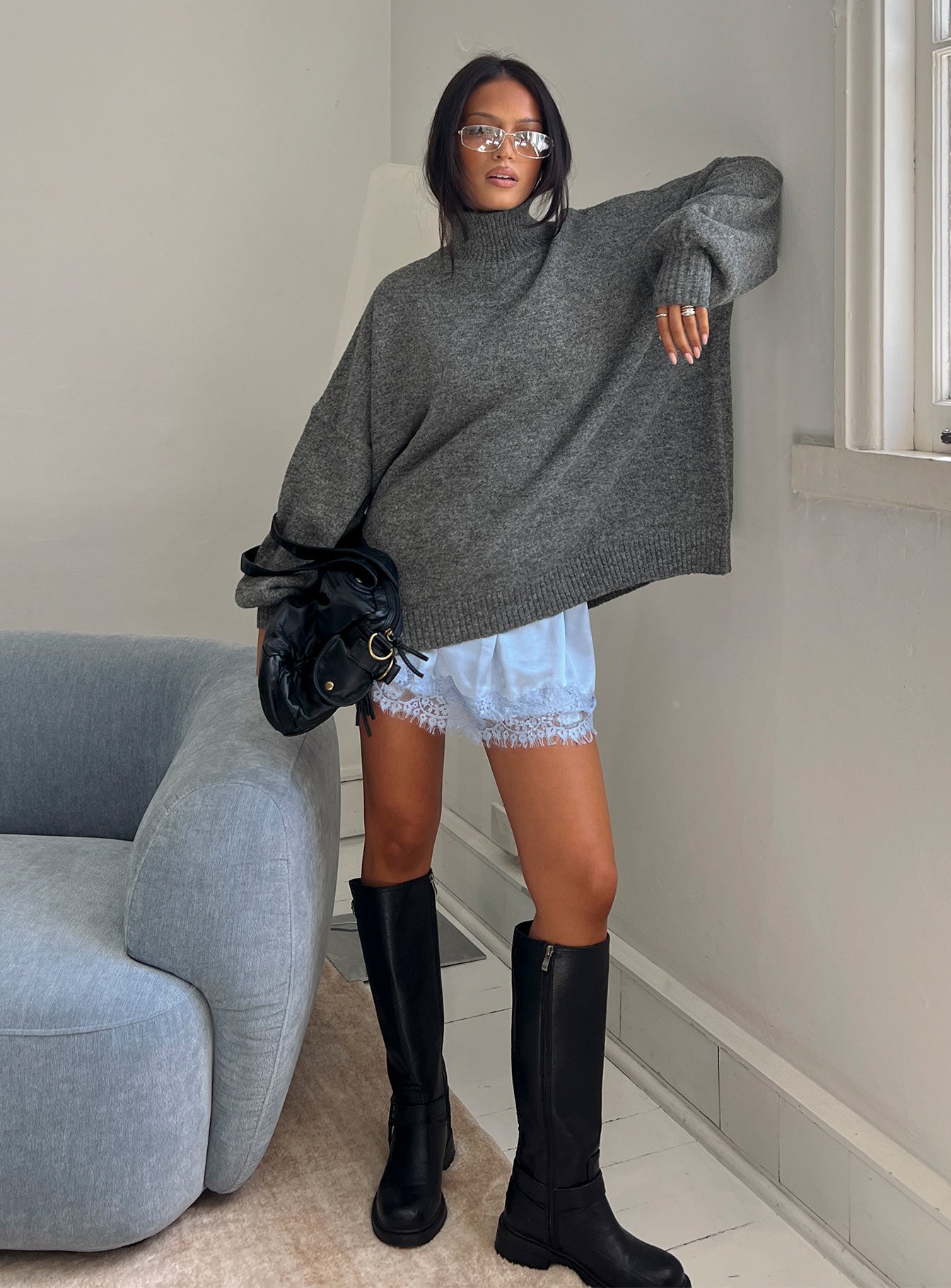 Patrizia Funnel Neck Knit Sweater Grey | Princess Polly