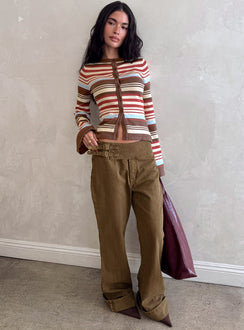 front view of model wearing Princess Polly Thrill Ride Mid Rise Corduroy Flare Jeans Washed Brown Mid Rise Jeans 