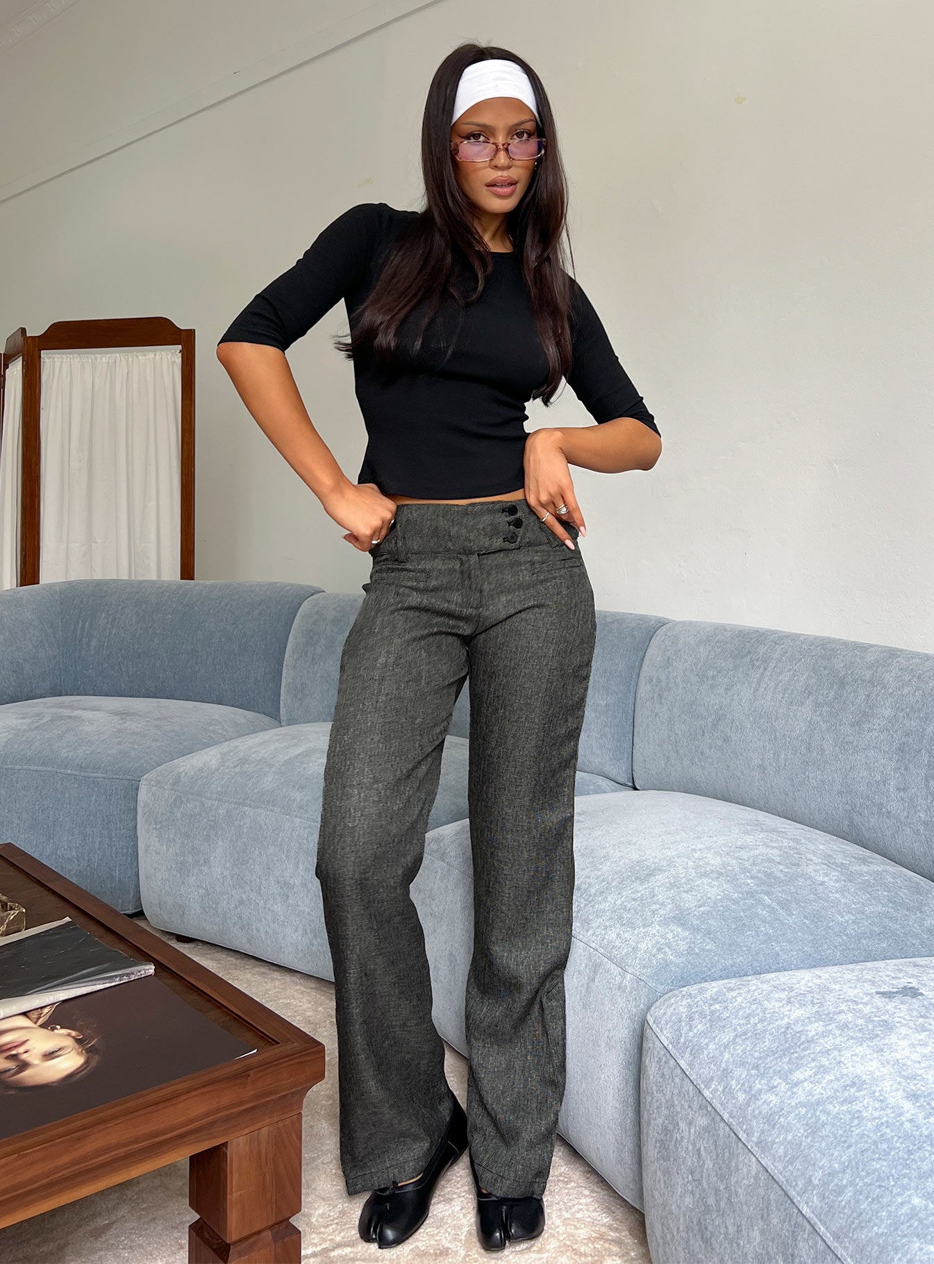 Karola Asymmetrical Buckle Pants Grey | Princess Polly