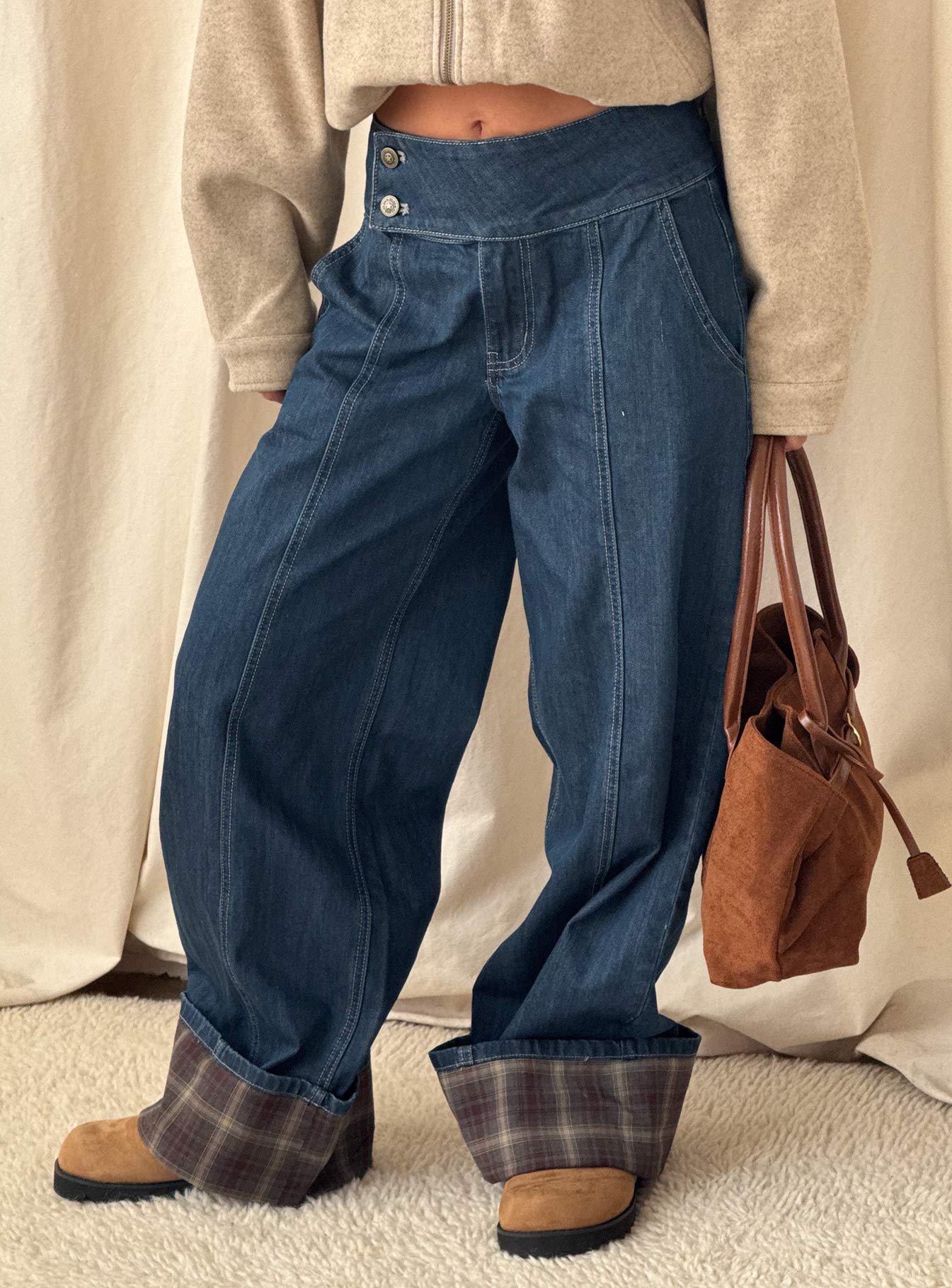 back view of model wearing Princess Polly Nikoletta Foldover Jeans Dark Wash / Check Mid Rise Jeans 