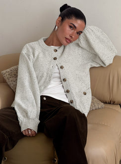 side view of model wearing Princess Polly Dorah Boxy Cardigan Grey Cropped Jumpers 