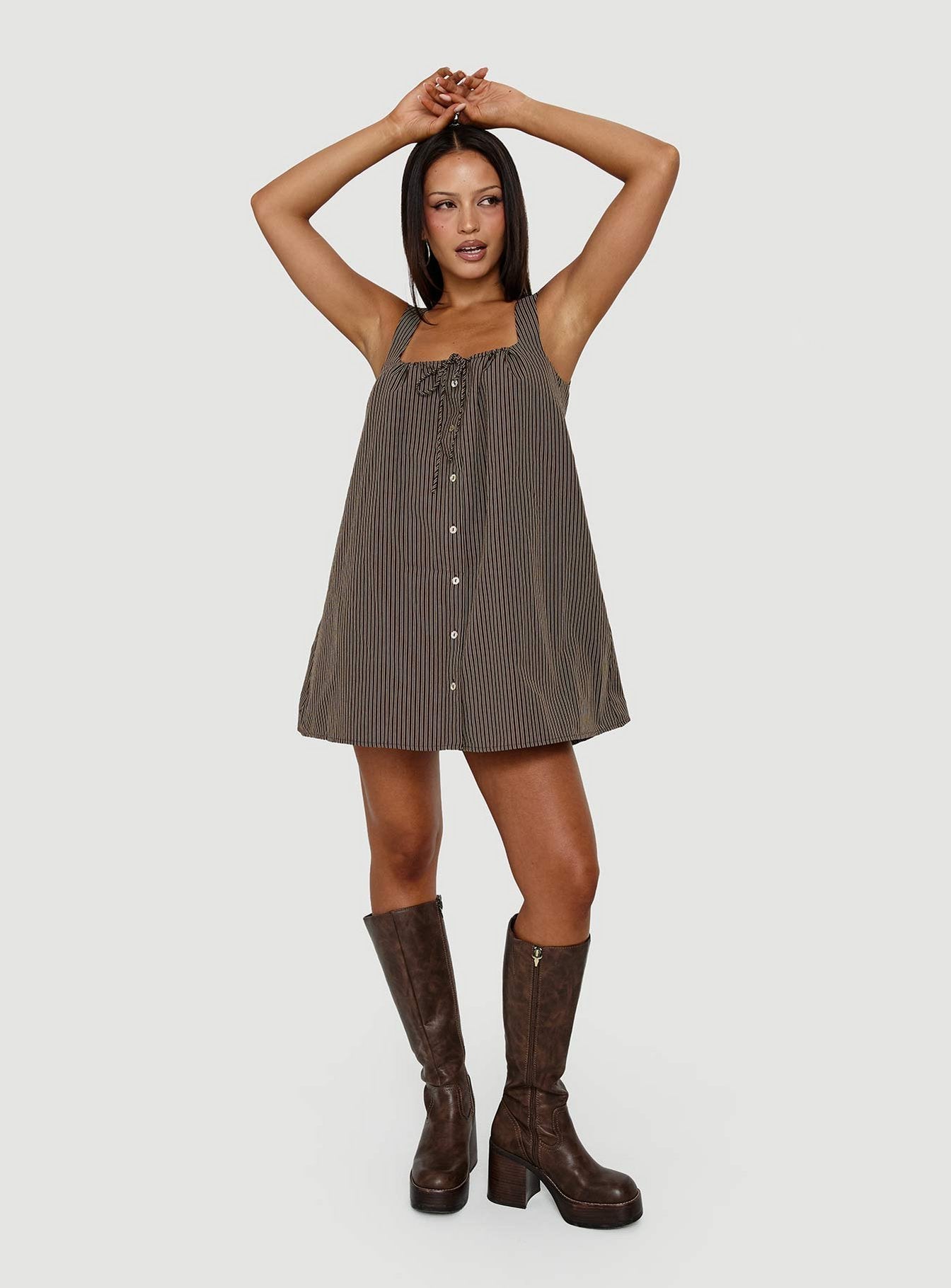 Bambalina Babydoll Mini Dress Brown Stripe | Princess Polly