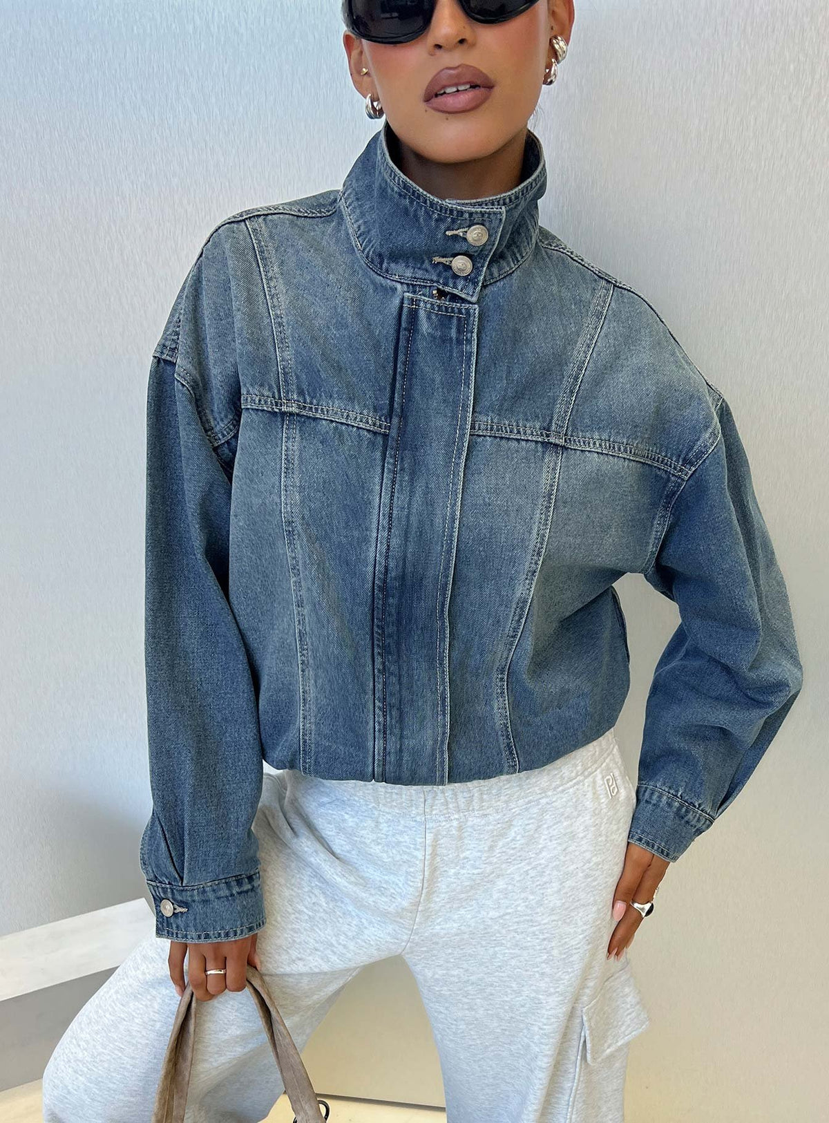 Alfea Funnel Neck Denim Bomber Jacket Mid Blue Wash | Princess Polly