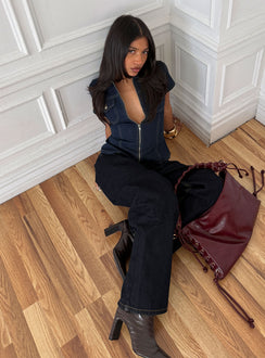 Liyana Denim Zip Up Short Sleeve Shirt Mid Blue