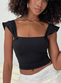 front view of model wearing Princess Polly Farinos Top Black Short Sleeves Square Neck 