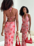 Maxi dress Floral print, halter style, low open back with tie fastening Good stretch, fully lined 