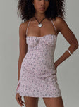 front view of model wearing Princess Polly Acer Mini Dress Purple Floral Sweetheart Neckline 