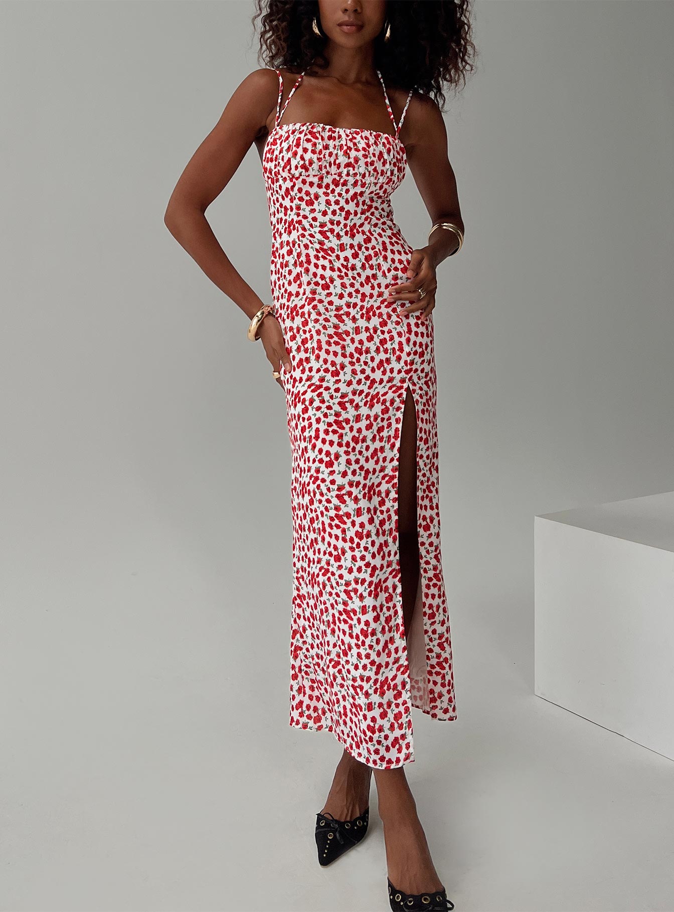 front view of model wearing Princess Polly Kish Maxi Dress Red Floral Square Neck 