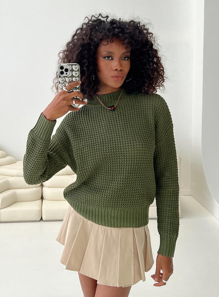 Wholesome Waffle Knit Sweater Green Princess Polly  regular 