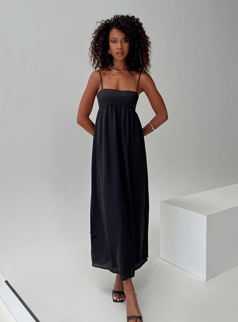 front view of model wearing Princess Polly Ortega Maxi Dress Black Square Neck 