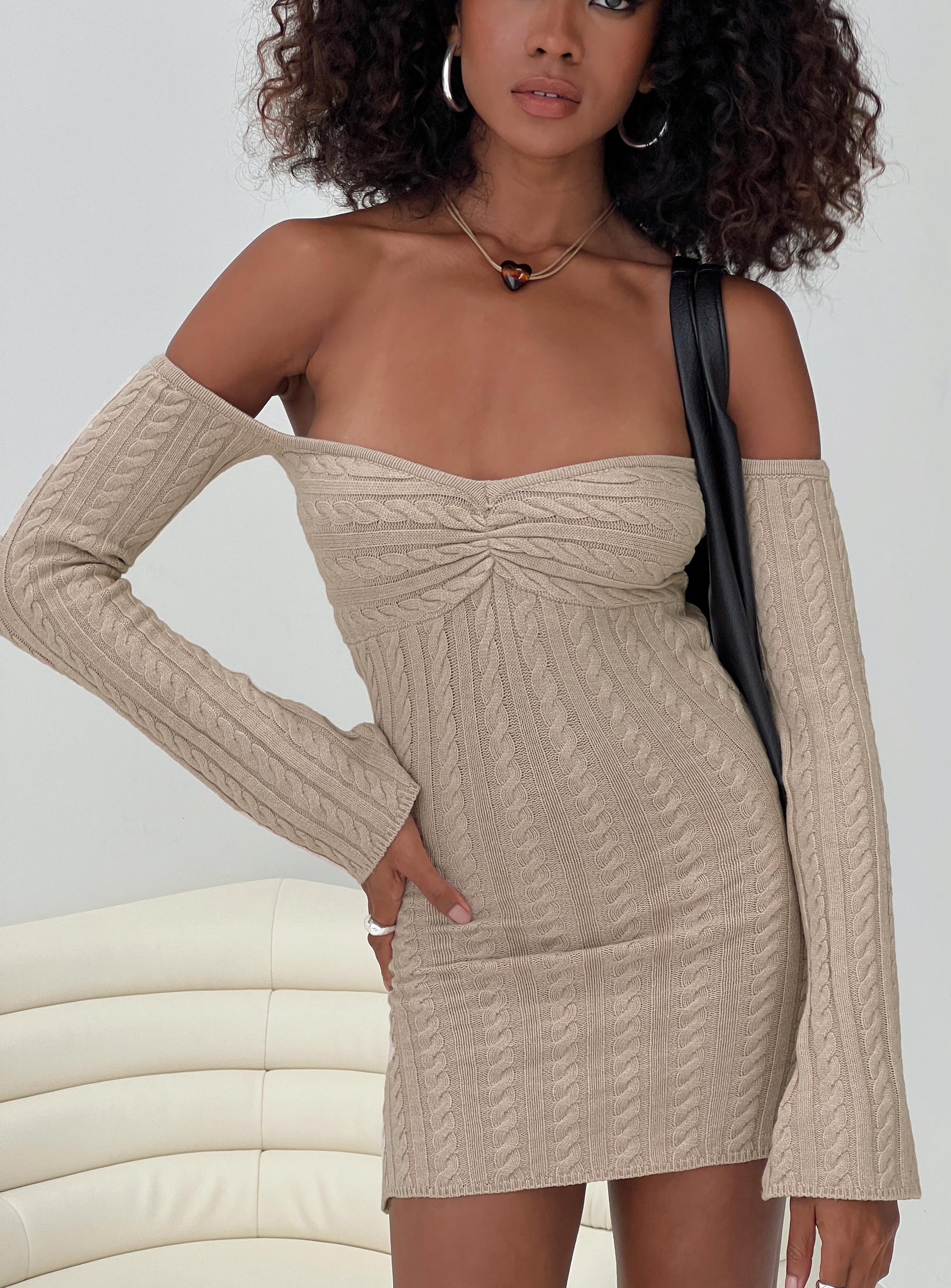 front view of model wearing Princess Polly Bayard Off The Shoulder Knit Mini Dress Beige Straight Neck 