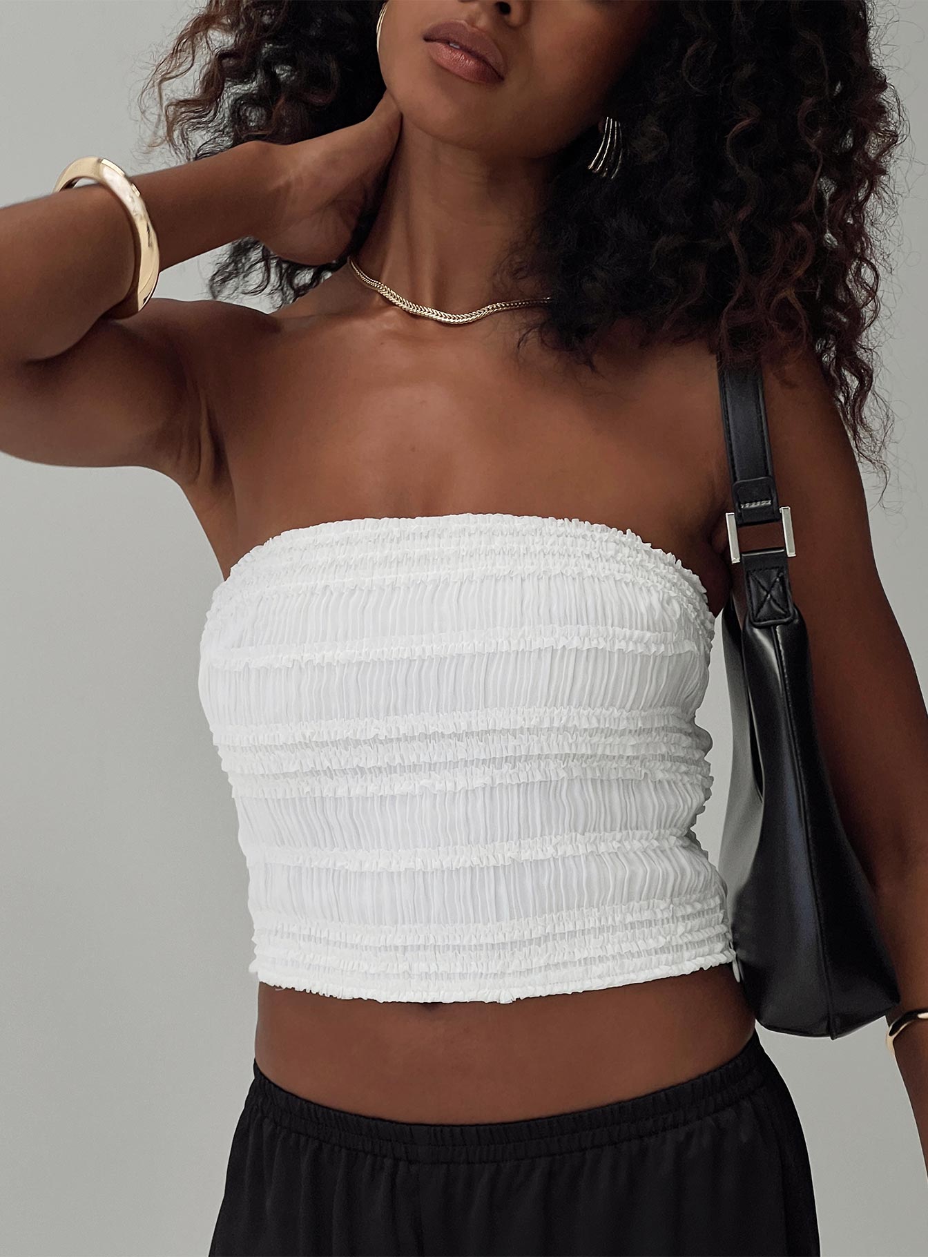 front view of model wearing Princess Polly Lelande Tube Top White Sleeveless straight 