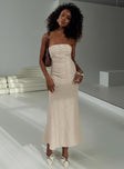 front view of model wearing Princess Polly Chrysa Strapless Maxi Dress Beige Straight Neck 