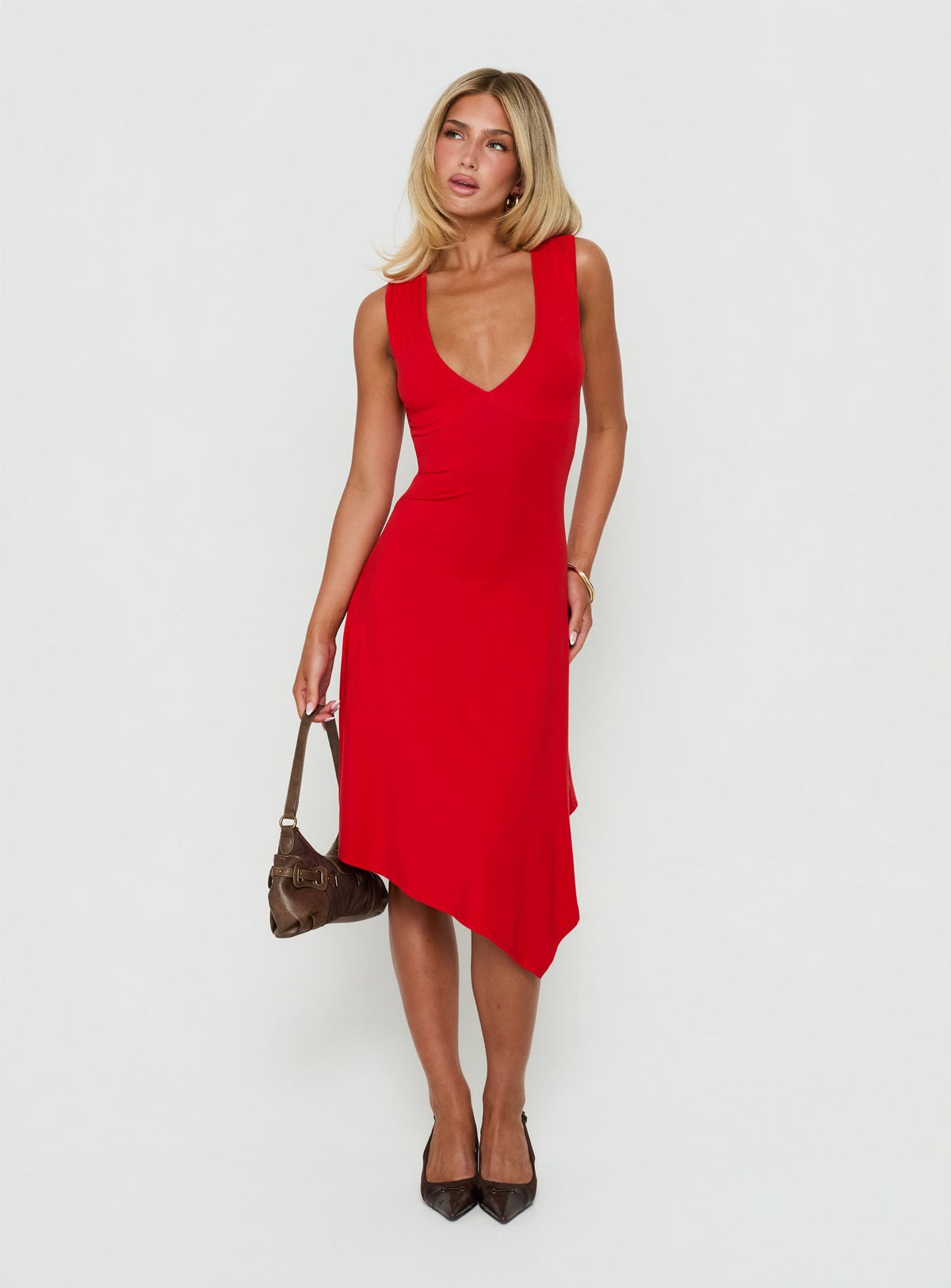 Louisia V Neck Hanky Hem Midi Dress Red