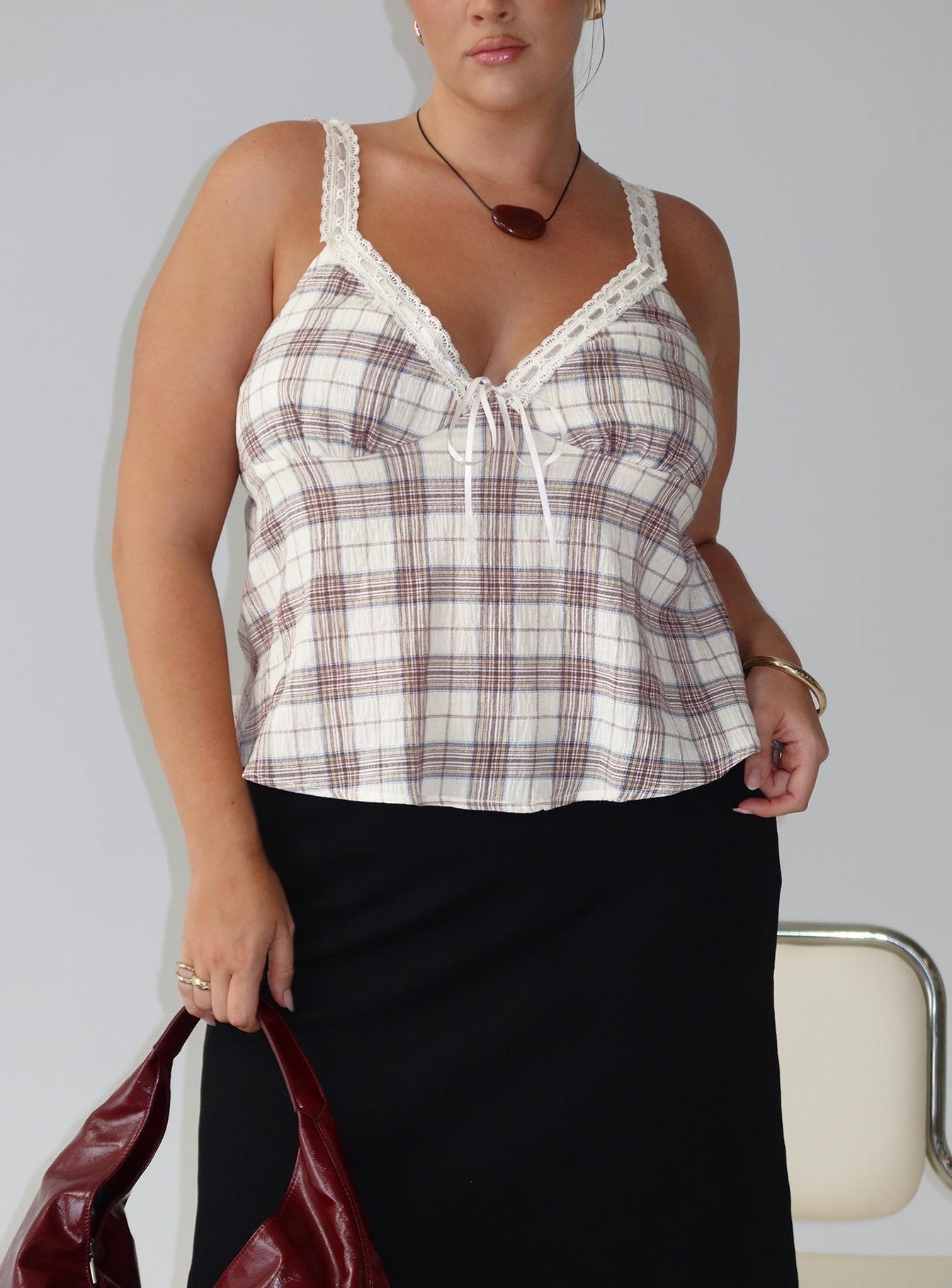 Pretty It Up Tie Detail Top Beige Check Curve