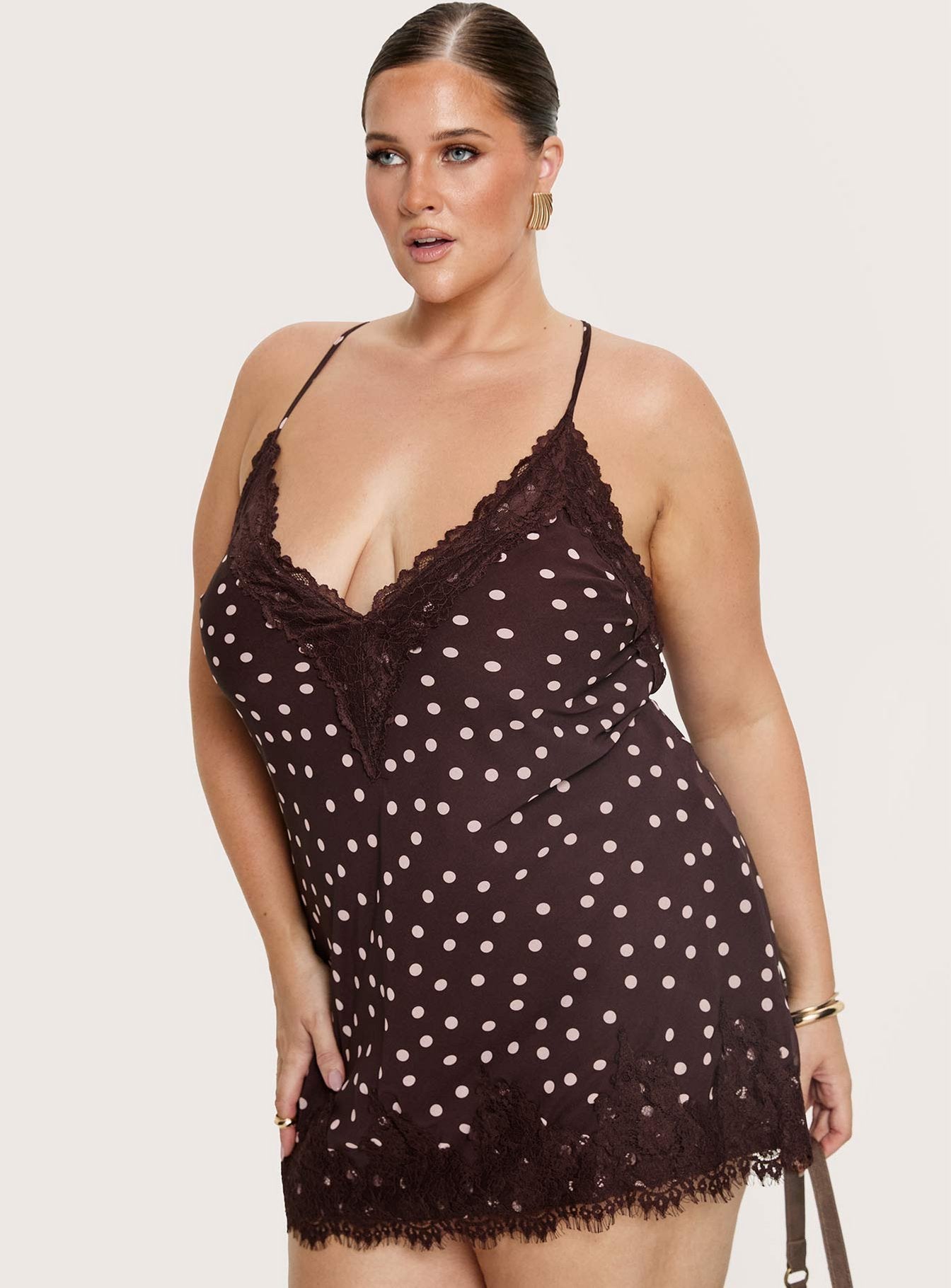 Call My Lover Lace Slip Mini Dress Brown Polka Curve