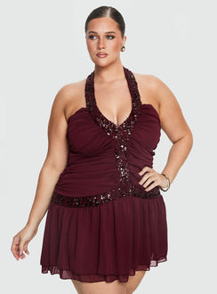 Aisleigh Sequin Halter Mini Dress Berry Curve