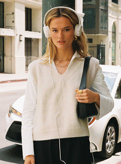 front view of model wearing Princess Polly Lexie Sweater Vest Cream Cropped Jumpers 
