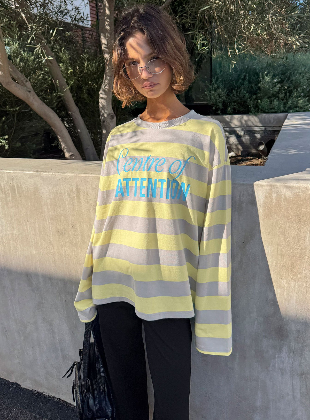 Centre Of Attention Oversized Graphic Long Sleeve Top Yellow / Grey Stripe