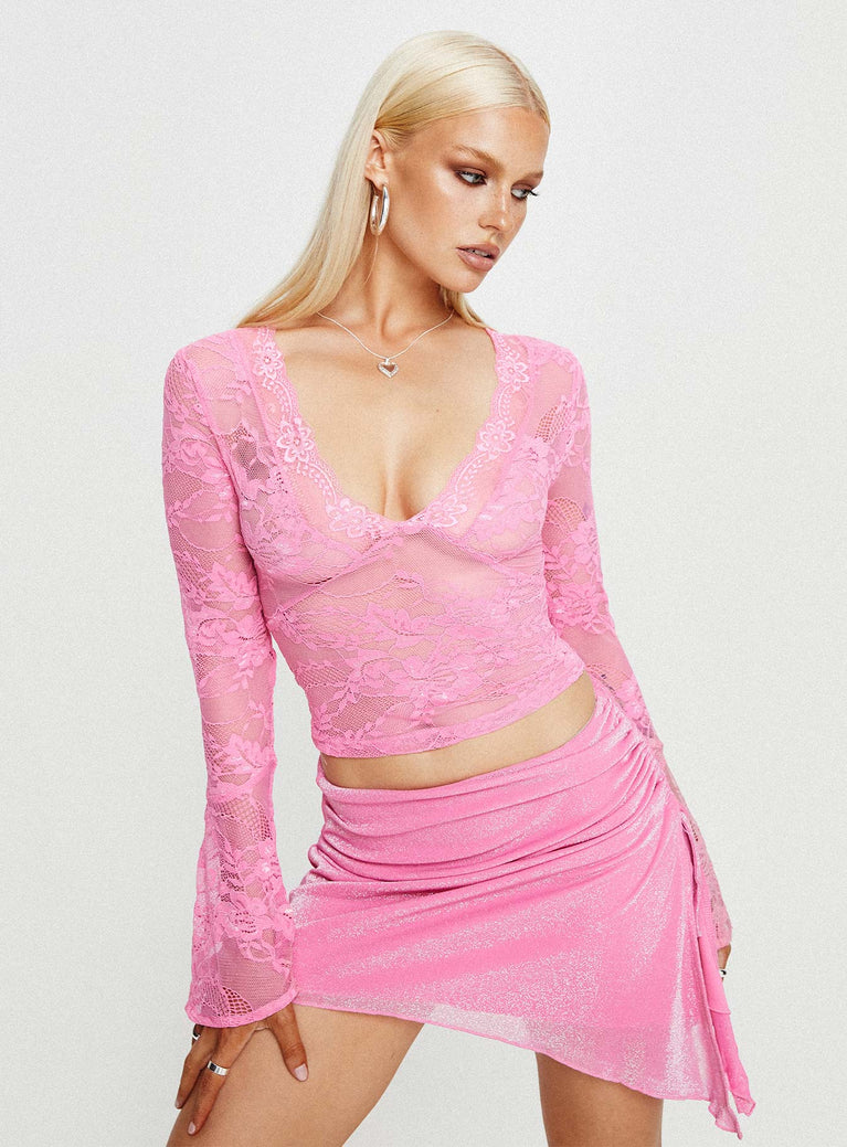 Pink Sparkle mini skirt high rise Adjustable ruching at side with tie fastening split at side asymmetric hem