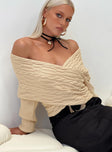 Sweater Cable knit material Off-the-shoulder design V-neckline Wrap style