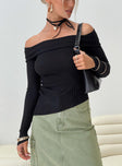 Sweater Soft ribbed material Off-the-shoulder design Asymmetric hem Semi-sheer Good stretch