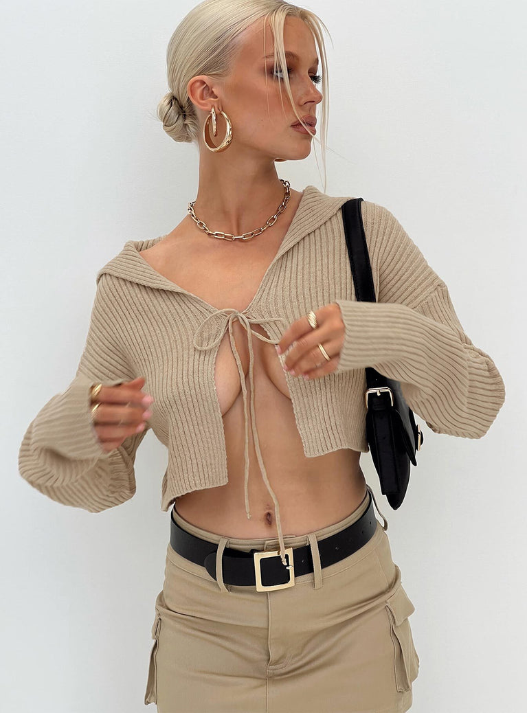 Cropped knit sweater V-neckline, tie fastening at front
