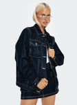 Dark wash denim jacket Contrast stitching, button fastening at front, classic collar, twin chest pockets