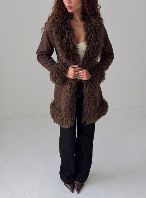 Josefina Faux Fur Detail Jacket Chocolate