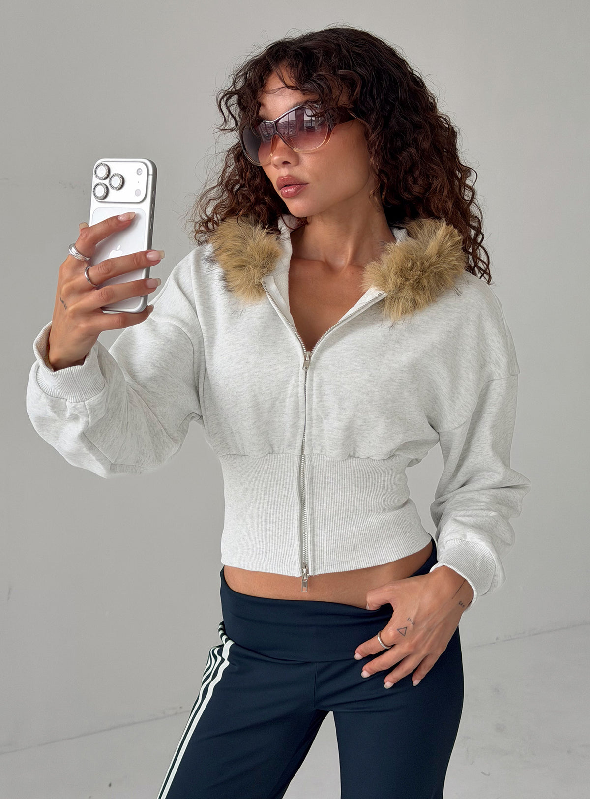 Ramonda Faux Fur Hooded Jumper Grey Marle