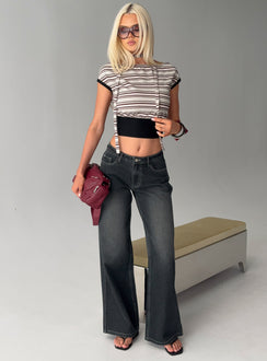front view of model wearing Princess Polly Ramos Low Rise Wide Leg Jeans Dark Grey Wash Low Rise Jeans 