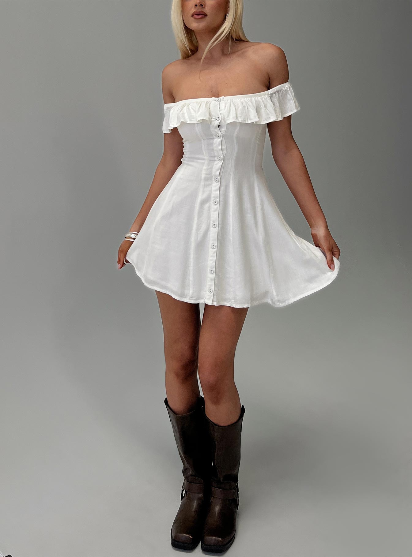 Corail Off Shoulder Frill Mini Dress White | Princess Polly