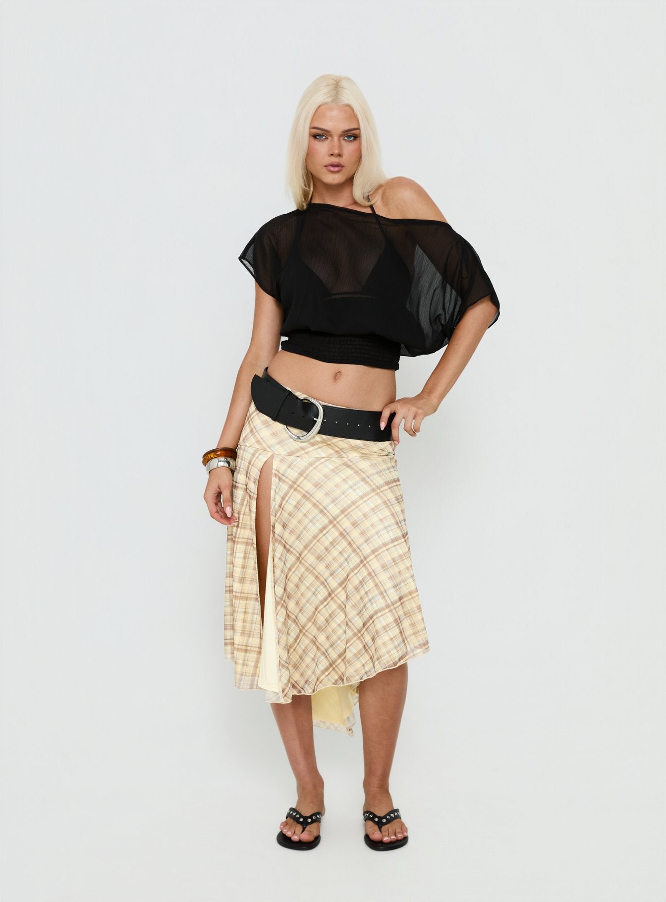   front view of model wearing Princess Polly Dulciana High Split Asymmetrical Midi Skirt Multi Check Midi Skirts 