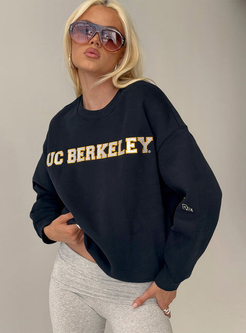 back view of model wearing Princess Polly UC Berkeley Offside Crewneck Sweatshirt Navy 
