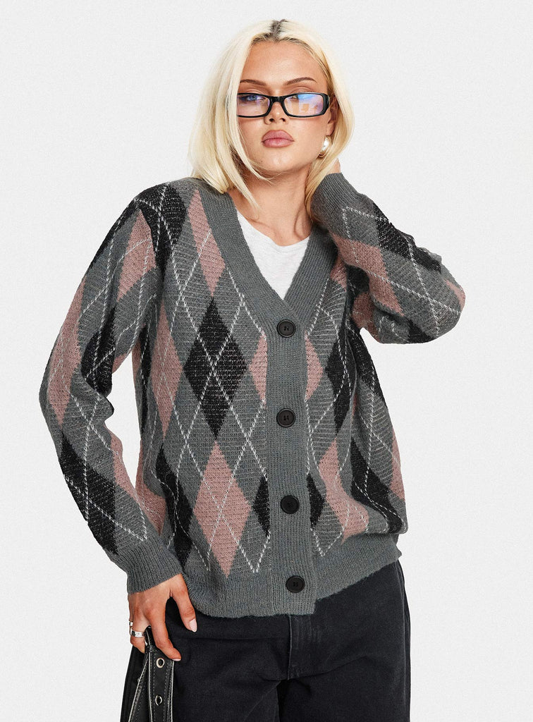 Zeeva Button Through Knit Cardigan Grey Argyle | Princess Polly