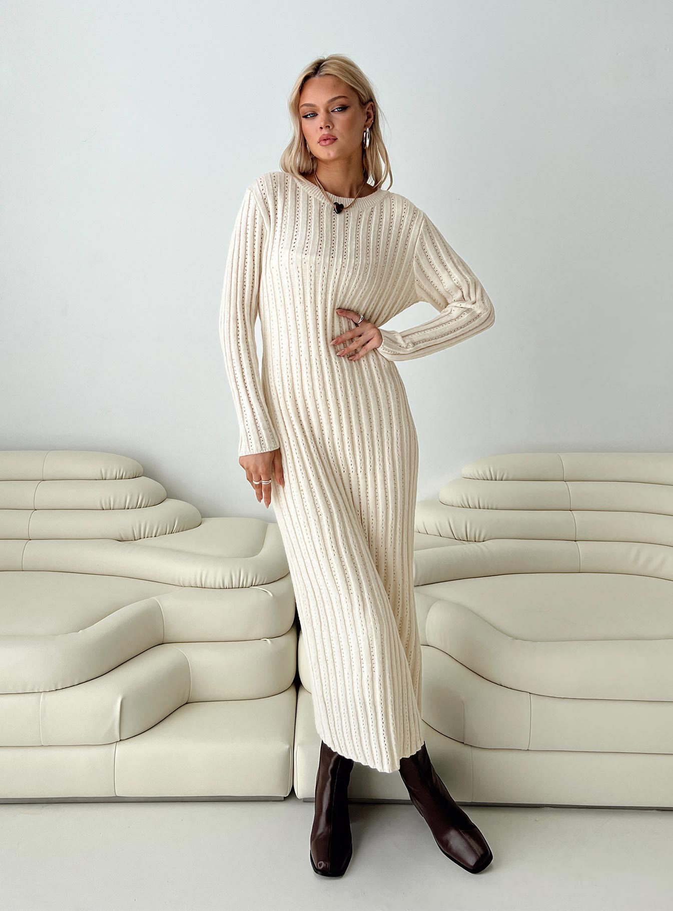 product Princess Polly Crew Neck  Rahne Long Sleeve Knit Maxi Dress Cream