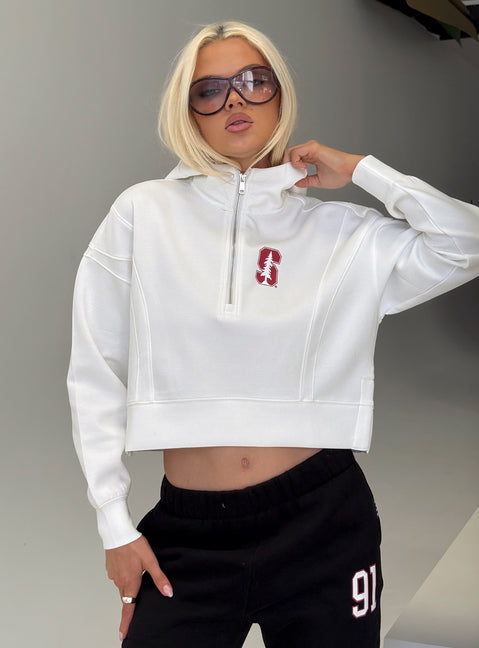 front view of model wearing Princess Polly Stanford Buttersport Half-zip Hoodie White cropped 