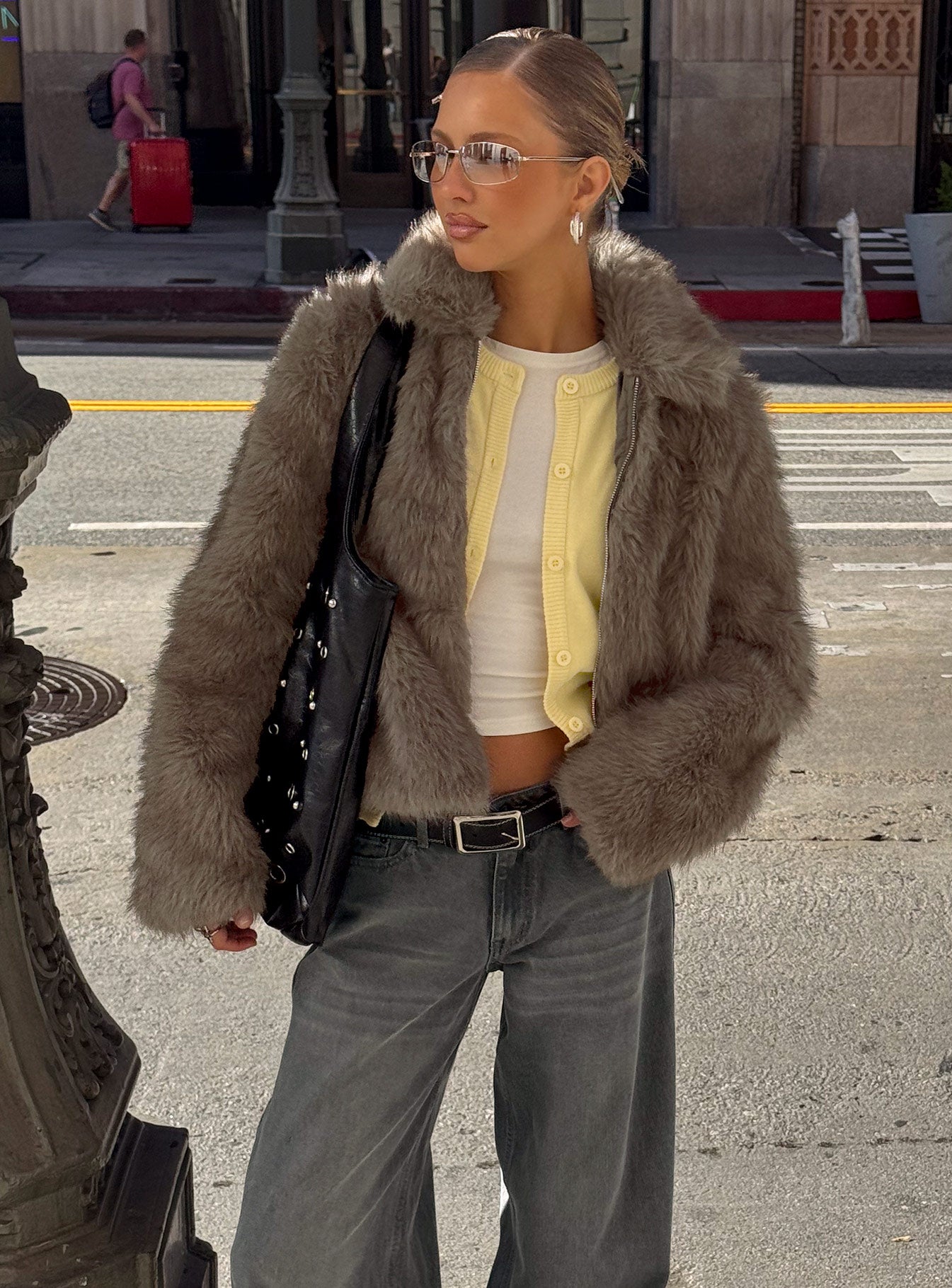 Kimberli Faux Fur Collared Jacket Grey | Princess Polly