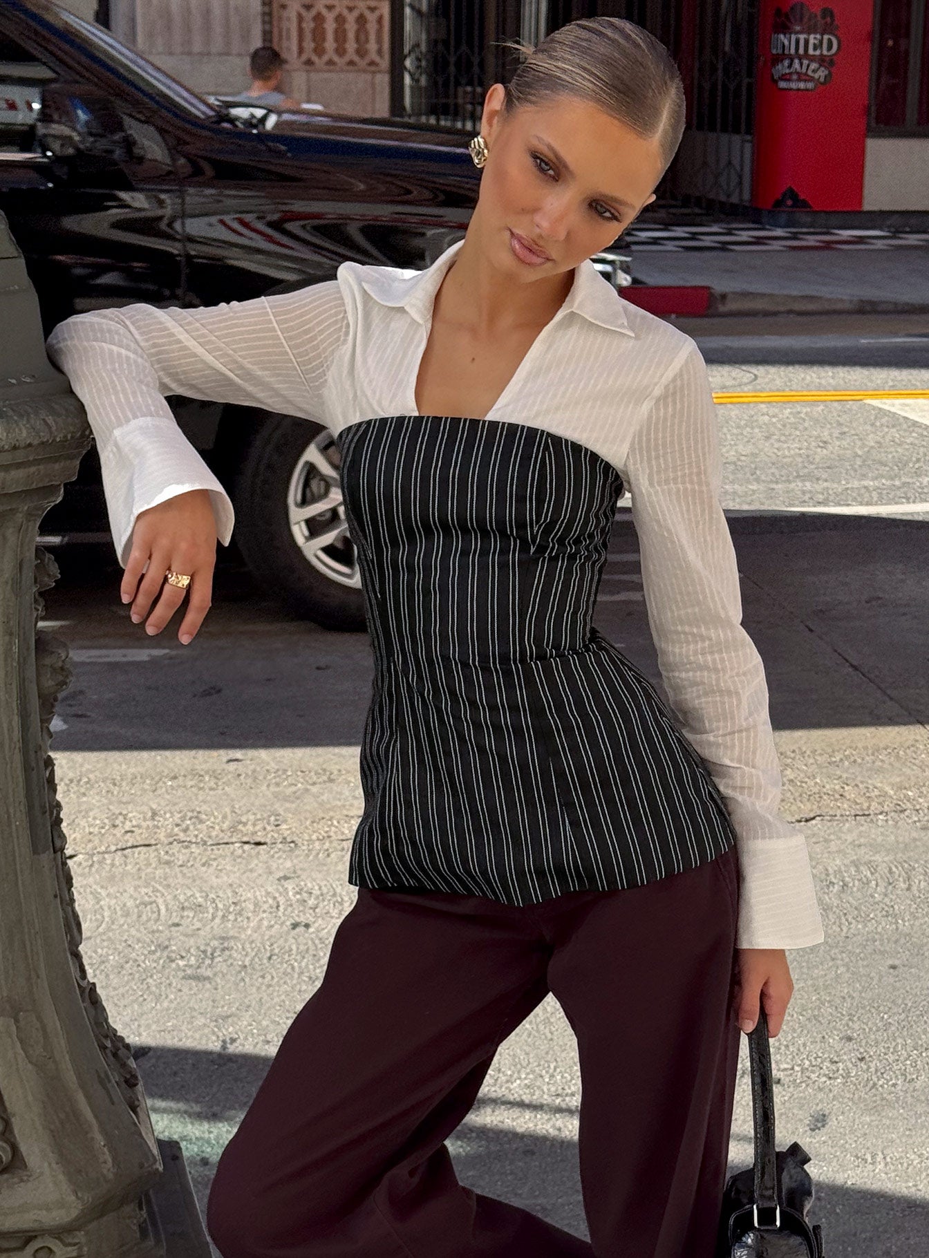 Maralyn Strapless Top Black Pinstripe