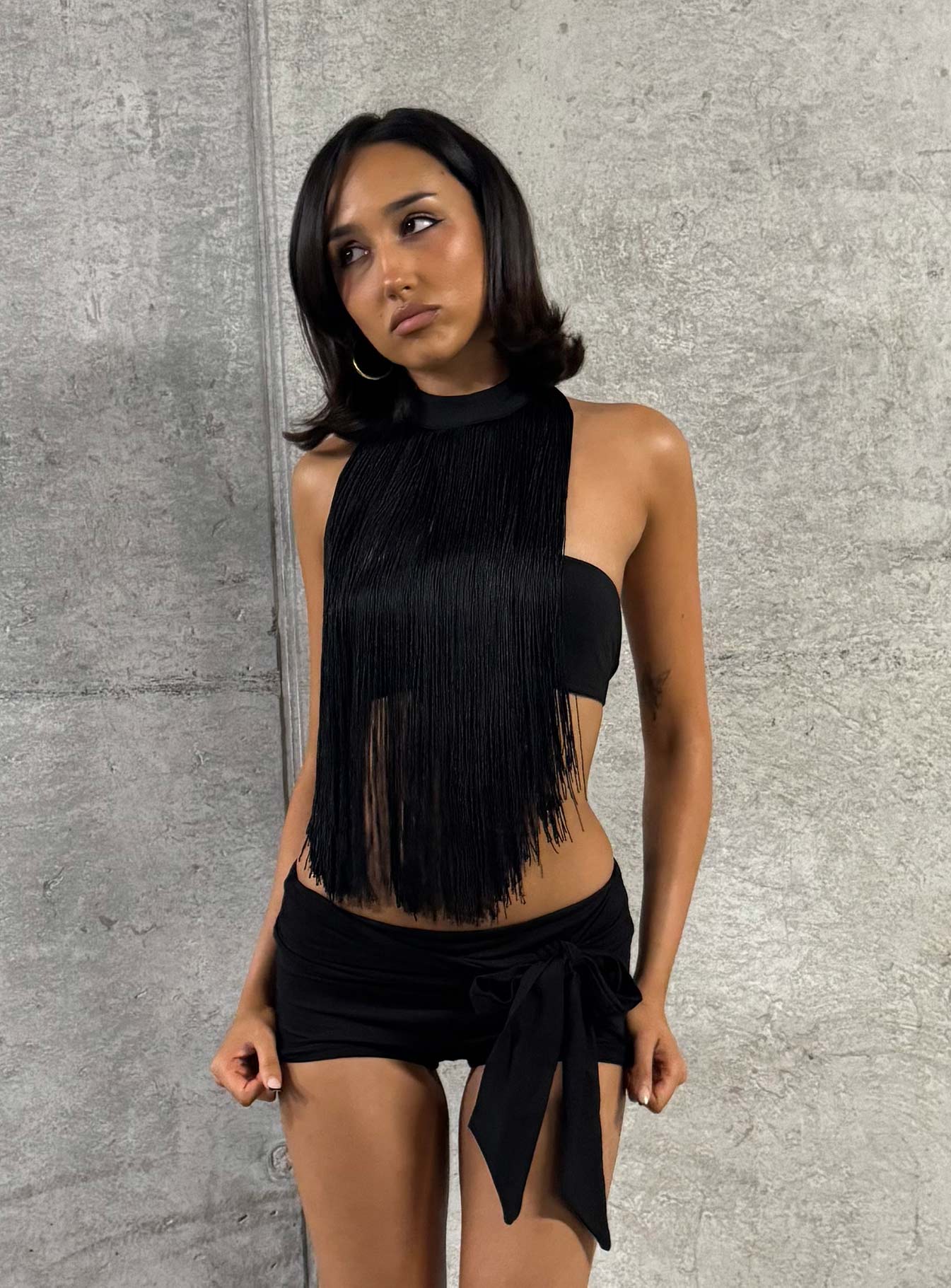 Zephyrine Fringe Asymmetrical Halter Top Black | Princess Polly