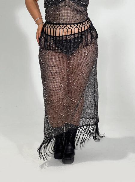 Black maxi skirt Netted design, button fastening, tassel detail